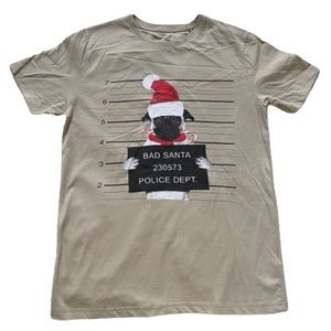 NWT MENS DENIM & FLOWER BAD SANTA DOG MUGSHOT CHRISTMAS SHIRT MED